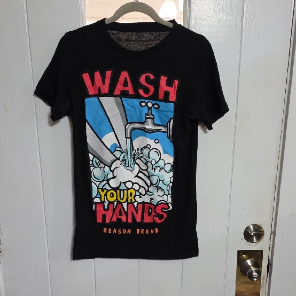 REASON Men's T-Shirt Black Colorful "WASH YOUR HANDS" Graphic Sz S‎ EUC
